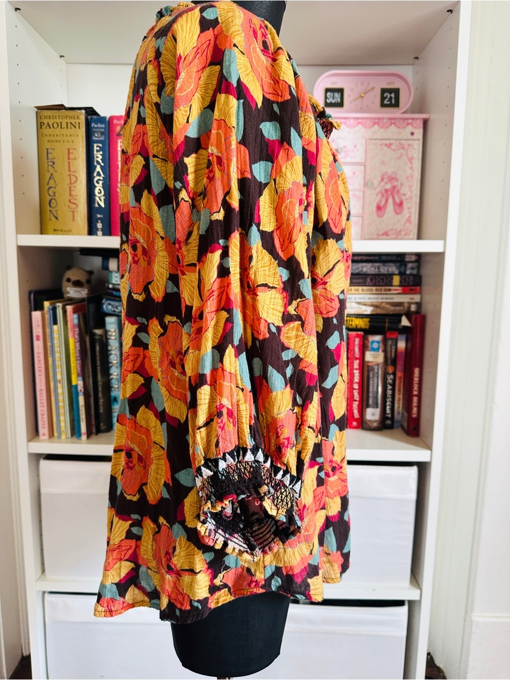 Sundance Floral Smocked Peasant style Tunic in Yellow, Pink & Teal on Black - Picture 5 of 9